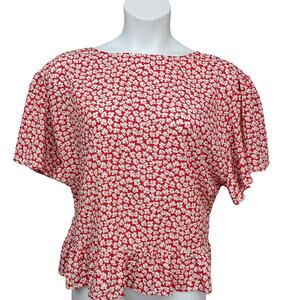 Ditsy Floral Tie on Back Crop Blouse Size 4X Red and White by Shein